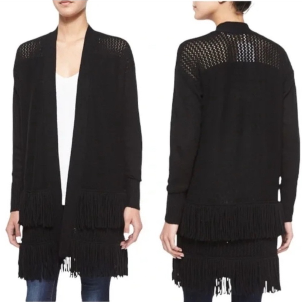 Rebecca Taylor Long cardi with layered fringe bottom M wool cashmere blend